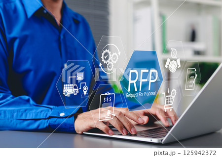 RFP, Request for Proposal Business Concept. Businessman working on laptop with icon representing Request for Proposal (RFP) process, including procurement, bidding, contract management, and logistics. 125942372