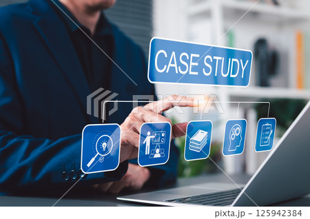 Case Study and Research Analysis Concept. Businessman interact with case study interface on laptop, featuring research, education, analysis icons, symbol learning, problem-solving, strategic planning, 125942384