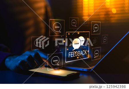 Feedback and Reputation Management Concept. Feedback icons represent online reviews, user comment ratings, feedback writing, satisfaction survey, reputation management in modern digital interfaces, Feedback and Reputation Management Concept. Feedback icons represent online reviews, user comment ratings, feedback writing, satisfaction survey, reputation management in modern digital interfaces, 125942398