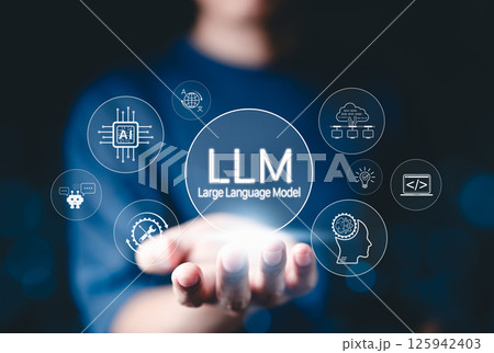 LLM Large Language Model and AI technology concept. Man holds LLM icons, artificial intelligence, deep learning, machine learning, NLP natural language processing, Chat AI, Chatbot, neural network, 125942403