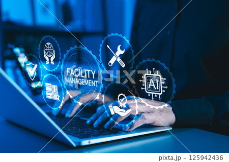 Facility Management and Digital Solutions Concept. Icons related to facility management, maintenance, AI, IoT, security, and optimization. integration of technology in managing facilities efficiently. 125942436