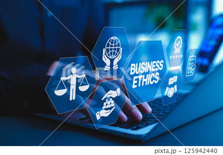 Business Ethics and Corporate Responsibility Concept. A businessman working on laptop with icons representing business ethics, integrity, corporate responsibility, professional standards, core values, Business Ethics and Corporate Responsibility Concept. A businessman working on laptop with icons representing business ethics, integrity, corporate responsibility, professional standards, core values, 125942440