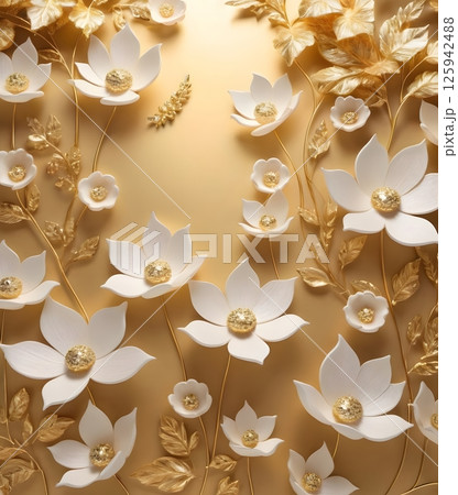 Magical Golden and Ivory Flowers in Soft Bokeh Light, Elegant floral Magical Golden and Ivory Flowers in Soft Bokeh Light, Elegant floral 125942488