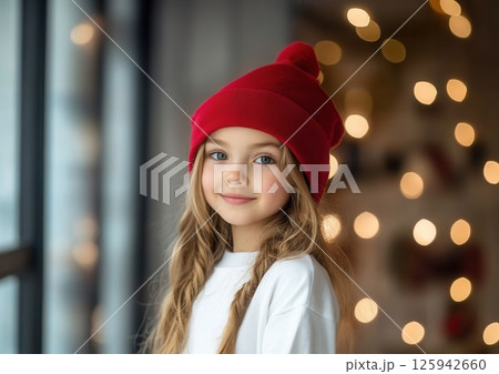 Portrait of beautiful cheerful girl in red hat on Christmas background with empty space for text Portrait of beautiful cheerful girl in red hat on Christmas background with empty space for text 125942660