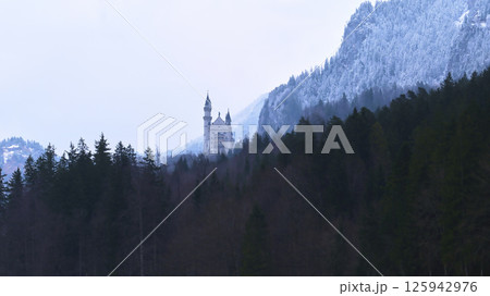 Snow-covered mountain landscape with a distant castle surrounded by evergreen trees in wintertime Snow-covered mountain landscape with a distant castle surrounded by evergreen trees in wintertime 125942976
