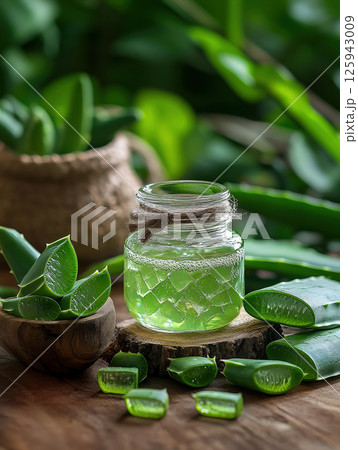 Fresh slices aloe vera leaves covered water drops isolated on plain light background. Fresh slices aloe vera leaves covered water drops isolated on plain light background. 125943009