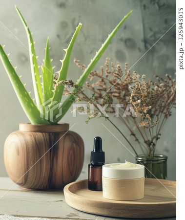 Jars, bottles with empty space for text, brand. Cosmetic composition with whole aloe Vera leaves and natural skin care creams on wooden plate 125943015