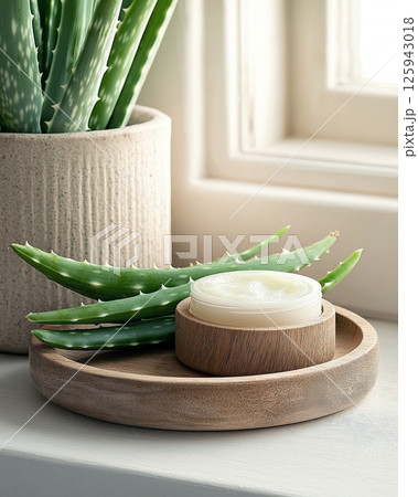 Jars, bottles with empty space for text, brand. Cosmetic composition with whole aloe Vera leaves and natural skin care creams on wooden plate Jars, bottles with empty space for text, brand. Cosmetic composition with whole aloe Vera leaves and natural skin care creams on wooden plate 125943018