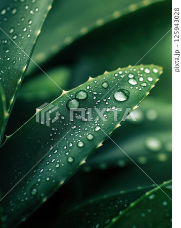 Close-up aloe vera leaves with water drops on the surface, succulent plant texture and transparency of drops Close-up aloe vera leaves with water drops on the surface, succulent plant texture and transparency of drops 125943028