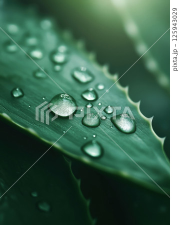 Close-up aloe vera leaves with water drops on the surface, succulent plant texture and transparency of drops Close-up aloe vera leaves with water drops on the surface, succulent plant texture and transparency of drops 125943029