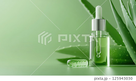 Banner advertising aloe vera skin care products with dropper bottle, aloe leaves background on gradient green Banner advertising aloe vera skin care products with dropper bottle, aloe leaves background on gradient green 125943030