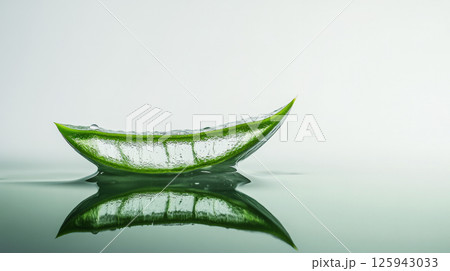 Fresh cut aloe vera leaf with one drop of gel ready to fall, on a white reflective surface. Copy space, Fresh cut aloe vera leaf with one drop of gel ready to fall, on a white reflective surface. Copy space, 125943033