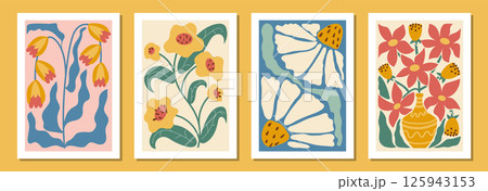 Set of colorful floral posters inspired by Matisse art, featuring abstract leaves and blooms in bold, vibrant tones. 125943153
