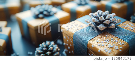 craft yellow gift box glitter holiday background, copy space, banner Christmas, New Year 125943175