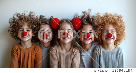 Portrait Group children party, dressed clown outfits curly wigs red noses. Holiday, birthday concept 125943194