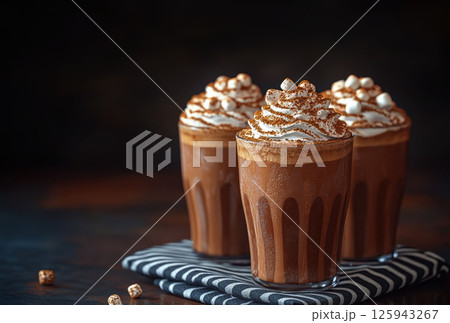 Cups aromatic hot drink cocoa coffee chocolate with marshmallows Christmas background, surrounded cocoa beans, marshmallows, cinnamon. Place text, greeting card, banner, holiday, romance 125943267