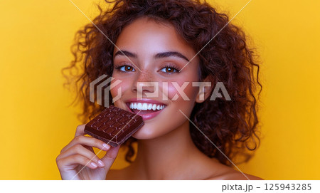 Happy young woman chocolate bar and beautiful smile with white teeth. Close-up portrait isolated on yellow background and copy space. Happy Chocolate Day, banner, advertisement, copy space 125943285