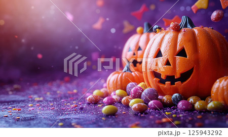 Happy Halloween. Bright whimsical Halloween background with orange pumpkins 125943292