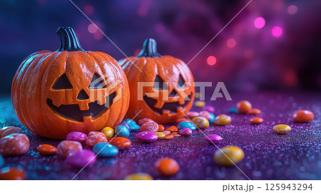 Happy Halloween. Bright whimsical Halloween background with orange pumpkins 125943294