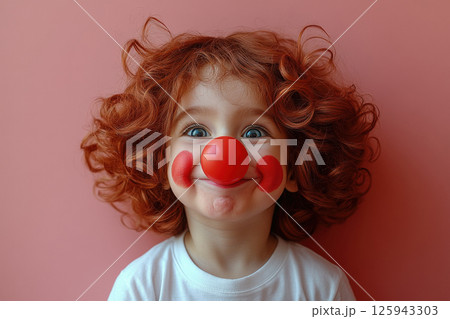 Portrait Cute children party, dressed clown outfits curly wigs red noses. Holiday, birthday concept Portrait Cute children party, dressed clown outfits curly wigs red noses. Holiday, birthday concept 125943303