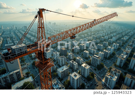 Construction crane build building on constructing site, top view. AI Generative 125943323