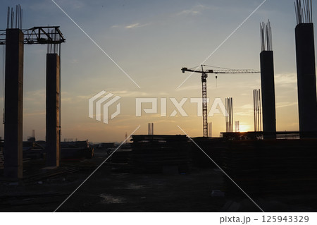 Construction crane build building on constructing site, top view. AI Generative 125943329