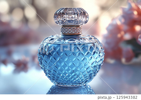 Perfume bottle with glossy on its glass surface, conveying elegance and sophistication. Ideal for high-end perfume advertisements. Perfume bottle with glossy on its glass surface, conveying elegance and sophistication. Ideal for high-end perfume advertisements. 125943382