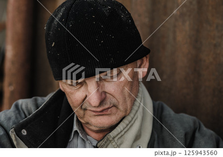 A portrait of a hardworking pensioner is carried. The face of an elderly man. A portrait of a hardworking pensioner is carried. The face of an elderly man. 125943560