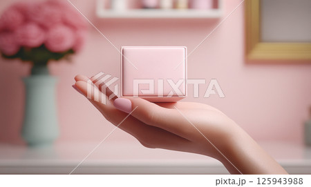 Woman hands holding pink gift satin ribbon, shopping Valentines, New Year, Mothers, Christmas 125943988