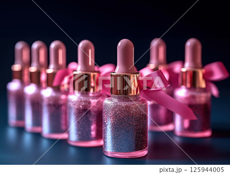Group bottles for oil, concentrate, serum, blank brand label, pink satin ribbon and gold cap on blue background, minimalist design. Cosmetics advertising concept, mockup, place for text Group bottles for oil, concentrate, serum, blank brand label, pink satin ribbon and gold cap on blue background, minimalist design. Cosmetics advertising concept, mockup, place for text 125944005
