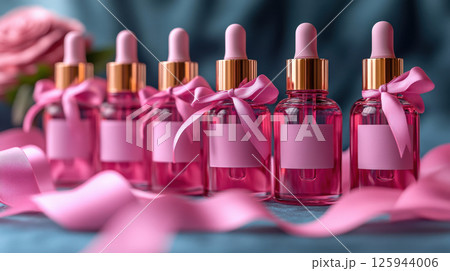 Group bottles for oil, concentrate, serum, blank brand label, pink satin ribbon and gold cap on blue background, minimalist design. Cosmetics advertising concept, mockup, place for text 125944006