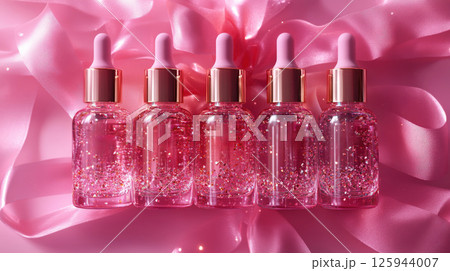 Row bottles for oil, concentrate, serum, blank brand label, pink satin ribbon and gold cap on plain background, minimalist design. Cosmetics advertising concept, mockup, place for text 125944007