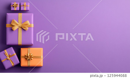 Purple gift boxes ribbon color pastel background, birthday, Christmas, Valentines Mothers Day, 3D 125944088