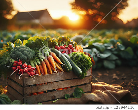 Harvest farm vegetables wooden box in garden against background of field beds. Concept growing organic vegetables and eco-friendly shopping. 125944116