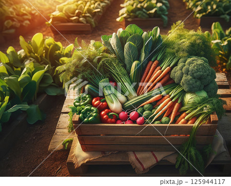 Harvest farm vegetables wooden box in garden against background of field beds. Concept growing organic vegetables and eco-friendly shopping. 125944117