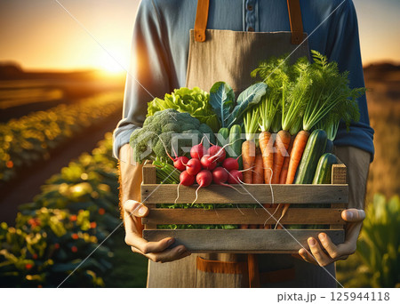 Harvest farm vegetables wooden box in garden against background of field beds. Concept growing organic vegetables and eco-friendly shopping. 125944118