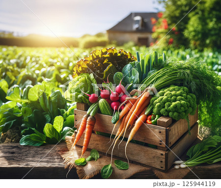 Harvest farm vegetables wooden box in garden against background of field beds. Concept growing organic vegetables and eco-friendly shopping. 125944119