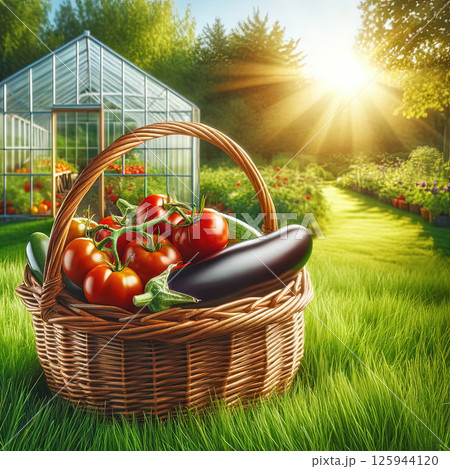 Harvest farm vegetables in wicker basket in garden on background of greenhouse. Concept of growing organic vegetables and eco-friendly shopping 125944120