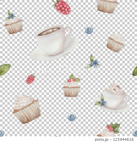 Cups of coffee, raspberries, blueberries and green leaves. Seamless watercolor pattern. Botanical illustration, isolated on white background. For invitations, design, scrapbooking, printing, kitchen. 125944618