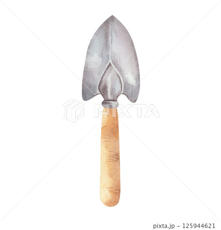 Garden shovel, small metal, with wooden handle, hand painted in watercolor. Isolated on a white background. For design, postcards, magazines. 125944621