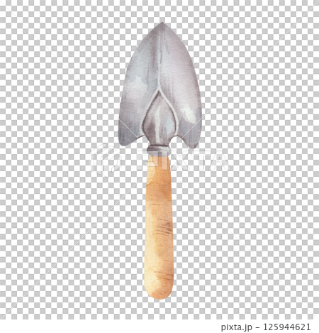Garden shovel, small metal, with wooden handle, hand painted in watercolor. Isolated on a white background. For design, postcards, magazines. 125944621