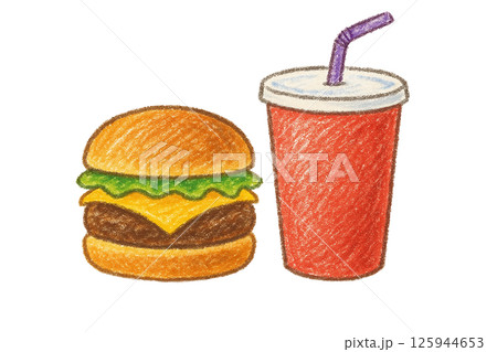 チーズバーガーとドリンクのセット｜クレヨン風イラスト素材 125944653