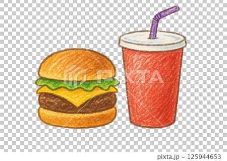 チーズバーガーとドリンクのセット｜クレヨン風イラスト素材 125944653