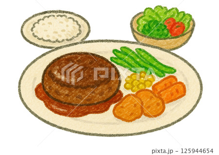 ハンバーグランチセット｜クレヨン風イラスト素材 125944654