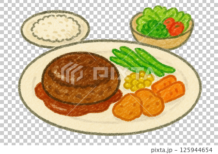 ハンバーグランチセット｜クレヨン風イラスト素材 125944654
