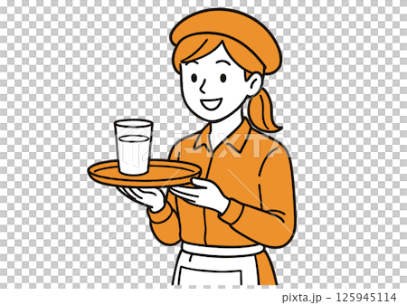 A smiling female restaurant staff member serving customers 125945114