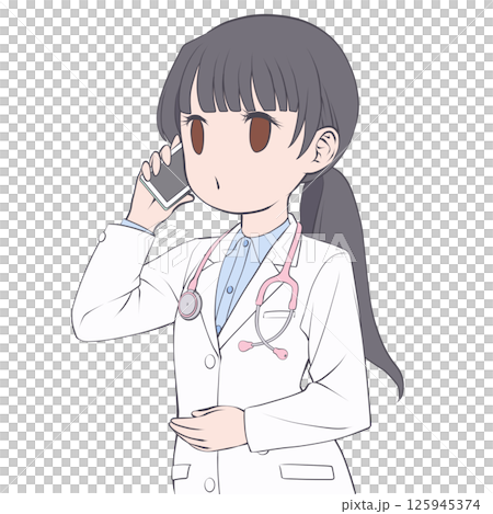 A black-haired female doctor making a phone call on her smartphone A black-haired female doctor making a phone call on her smartphone 125945374