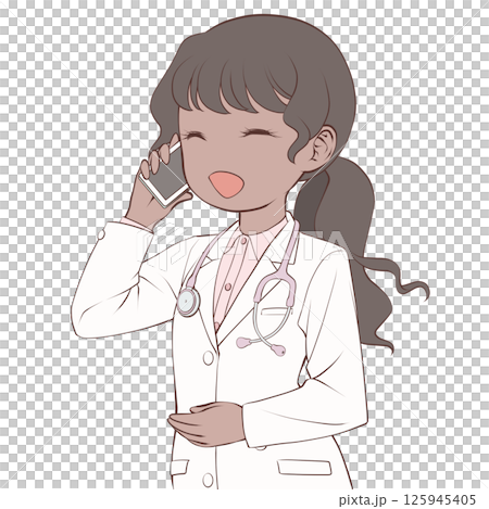 A dark-skinned female doctor making a phone call on her smartphone, smiling 125945405