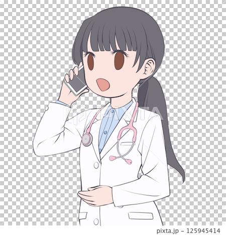 A black-haired female doctor making a phone call on her smartphone, smiling 125945414