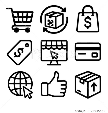 E commerce icons including shopping cart, package, payment, and online shopping symbols convey 125945439